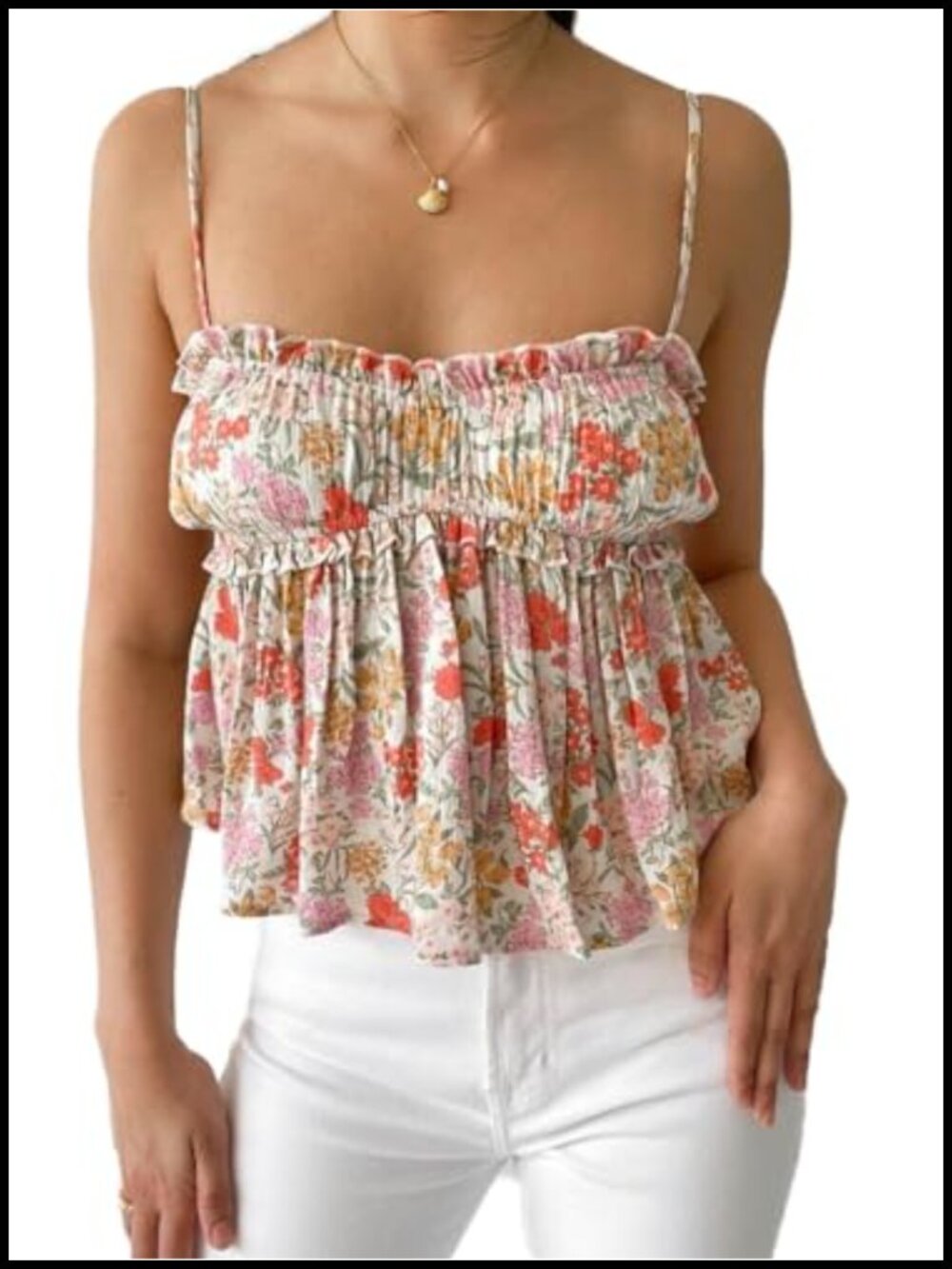 Women Floral Babydoll Tank Top Sleeveless Smocked Back Ruffle Hem